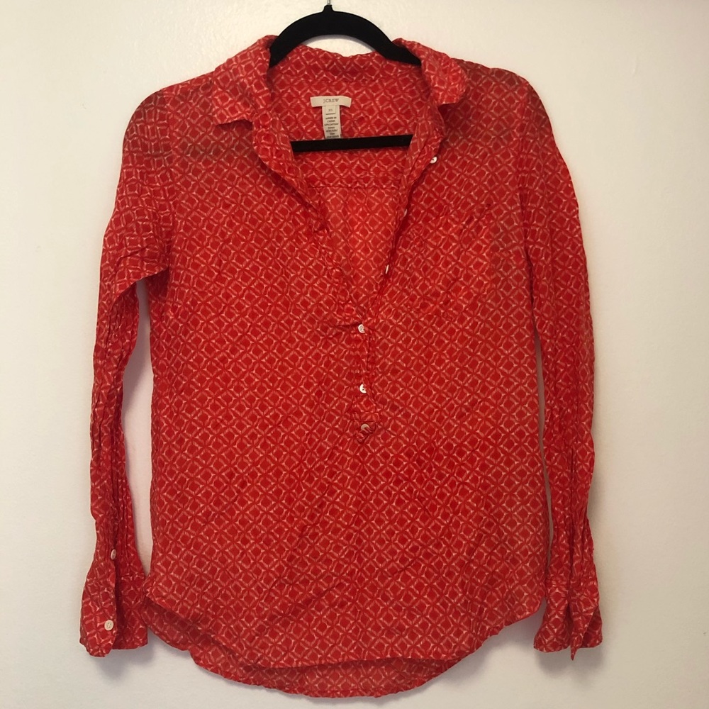 J.Crew Red Block Print Silk/Cotton Blend Blouse